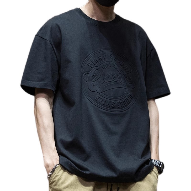 Negro heavy pound manga corta camiseta hombre plus fat plus tallas hombre verano acero estampado tridimensional holgado cuello redondo top trendy Item Picture