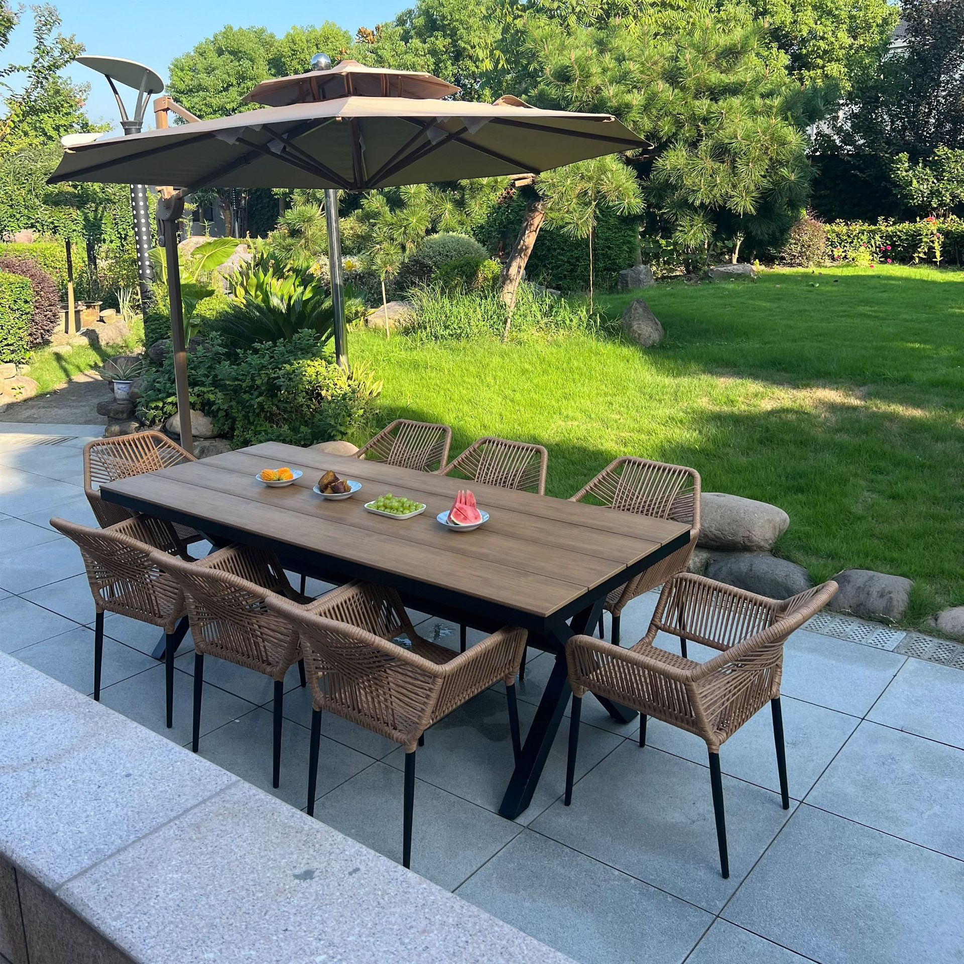 Outdoor tables and chairs, aluminum art leisure combination, indoor and outdoor wood-plastic tables, courtyard open-air platforms, garden villas, homestay leisure chairs details Picture