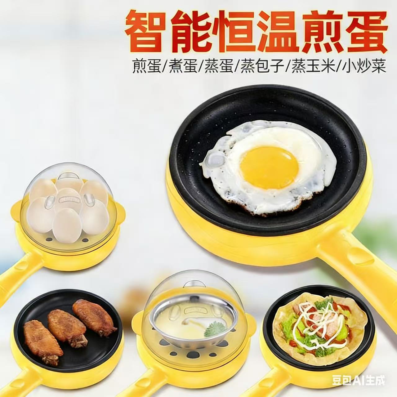 This is a multi-functional mini non-stick pancake pan that automatically cuts off power when plugged in. It is a small household egg boiling and frying machine Specification image