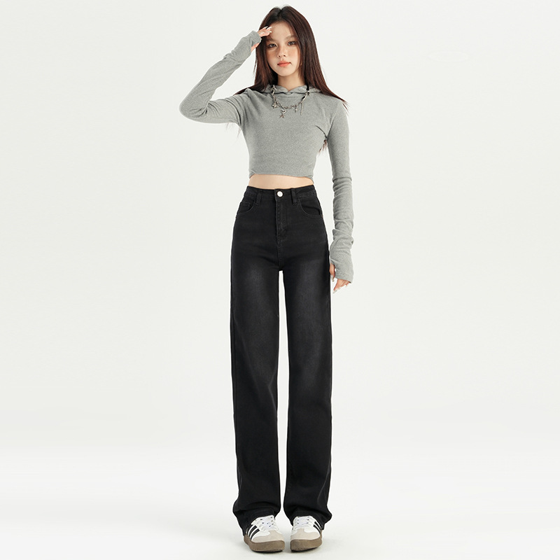 外贸定制欧美风直筒垂感牛仔裤女秋季修身黑色高腰显瘦拖地阔腿裤