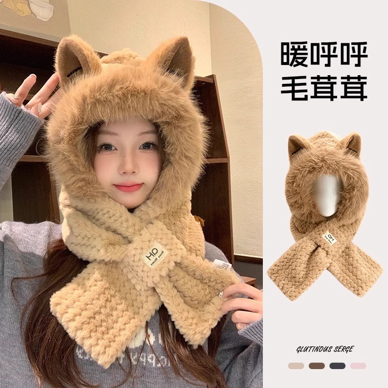 Winter warm scarf to keep warm, winter ear-protecting scarf, one-piece hat, two-piece set, women's fluffy fox ear hat