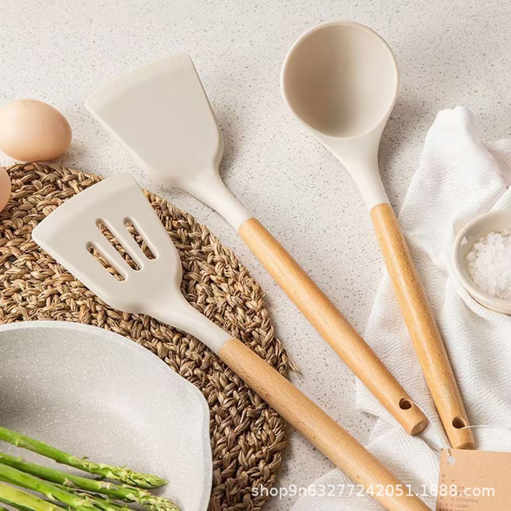 木柄硅胶厨具硅胶铲勺三件套炒菜锅铲厨房用品不粘锅铲套装