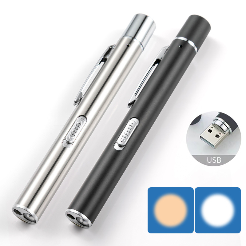 双光源瞳孔笔灯可充电 医用护士不锈钢医护口腔检查LED笔灯手电筒