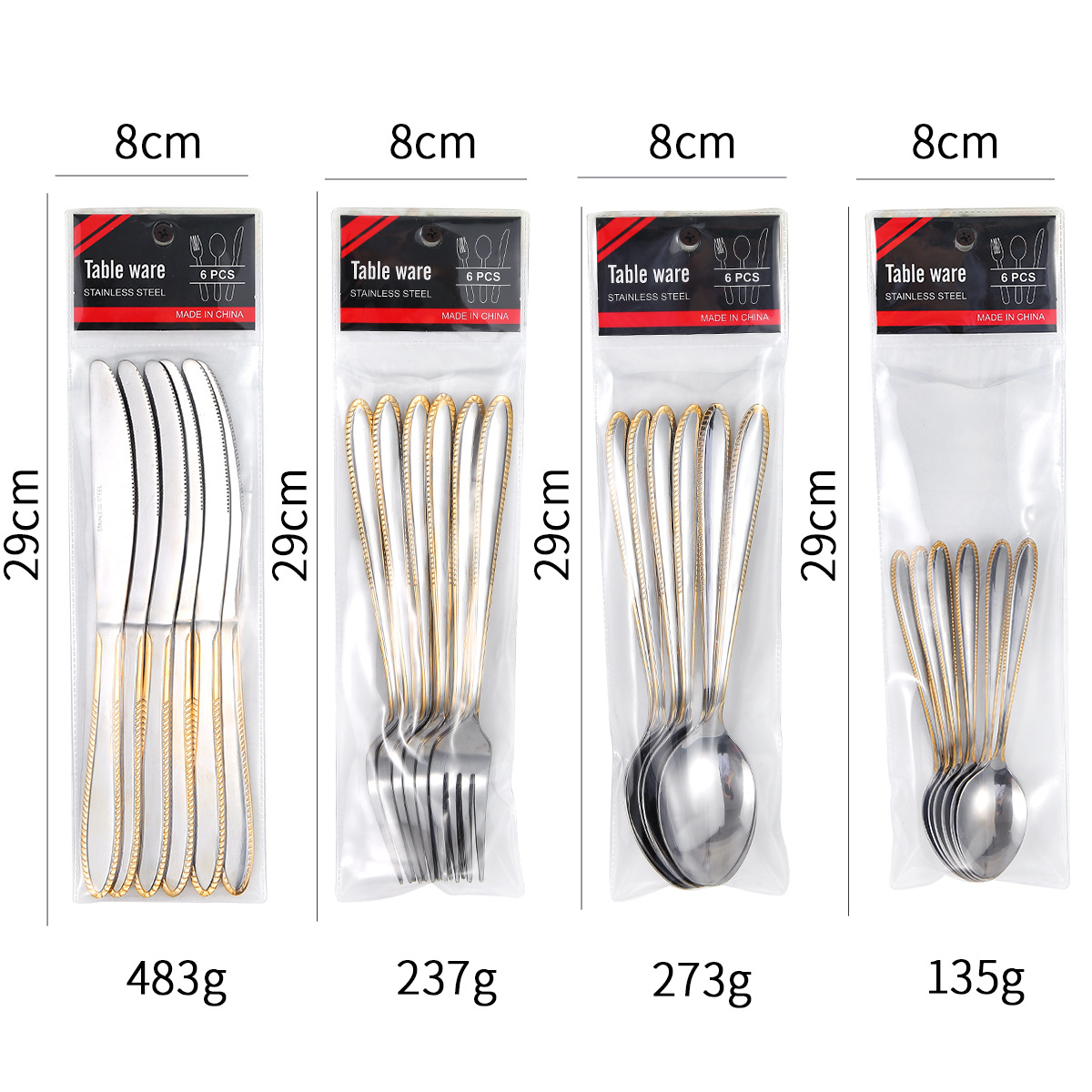 Middle East cross-border stainless steel tableware set, embossed gold-plated knife, fork and spoon, pvc bag, 6-piece steak knife, fork and spoon Application Scenario