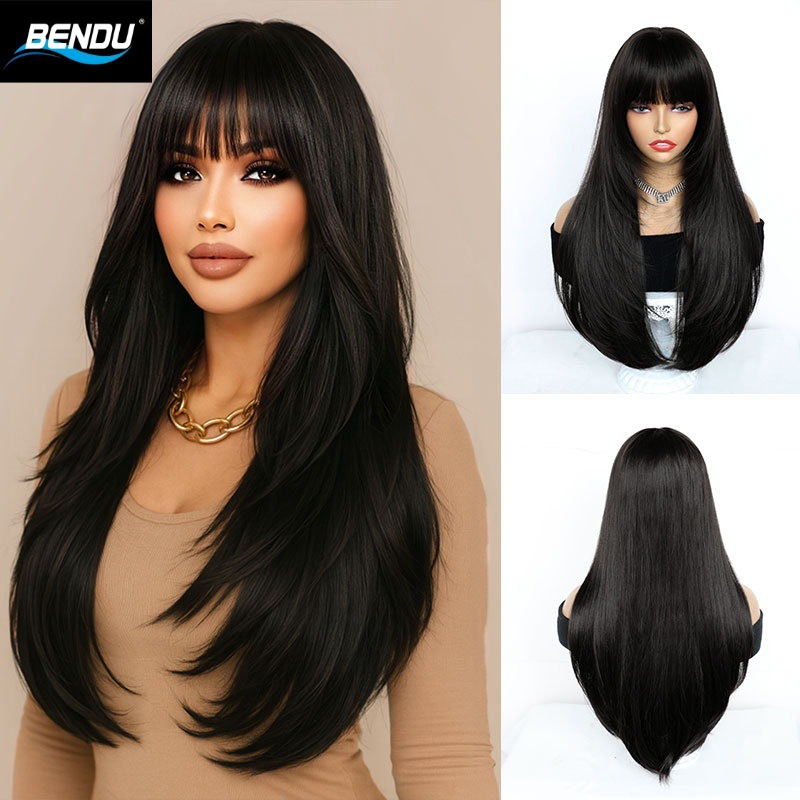 Black, light purple long straight hair, air bangs, Lolita yin-yang hairstyle gradient Halloween fashion wig full head set