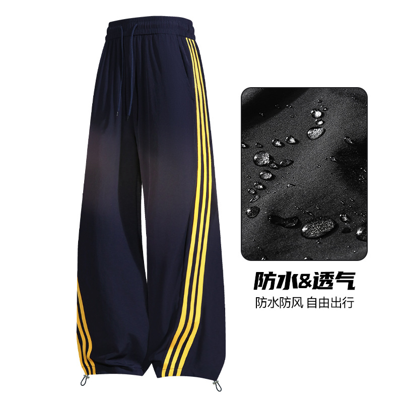 American ice silk nylon three-bar wide-leg curved knife sweatpants for men, spring and autumn loose casual pants, a trendy brand for both men and women details Picture