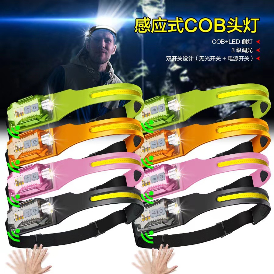 跨境硅胶感应头灯Type-C充电户外骑行多功能警示LED高亮照明头灯