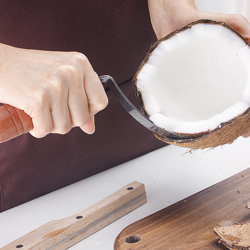 Kitchen tools: Multi-functional coconut knife, wooden handle, old coconut tapping knife, stainless steel coconut opener, kitchenware Application Scenario