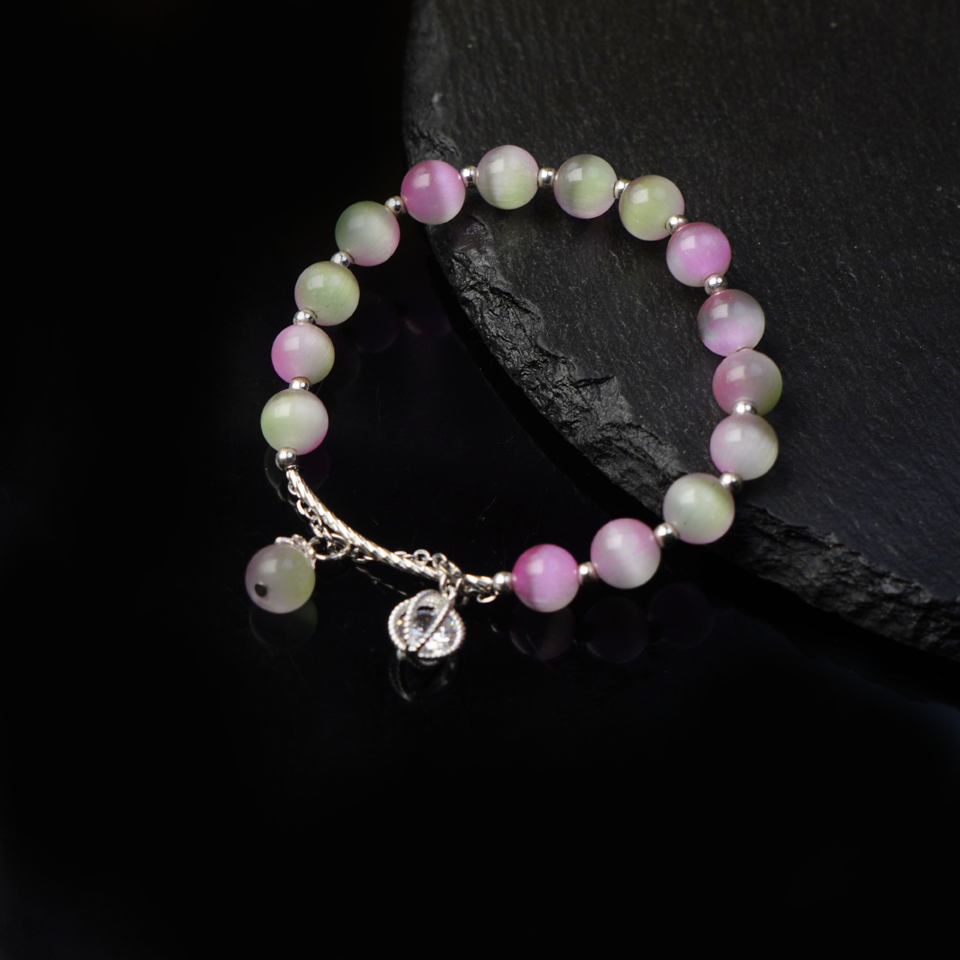 New dual-color cat's eye stone bracelet, green powder crystal bracelet, a fresh, unique and high-end feminine charm, best friend jewelry gift details Picture