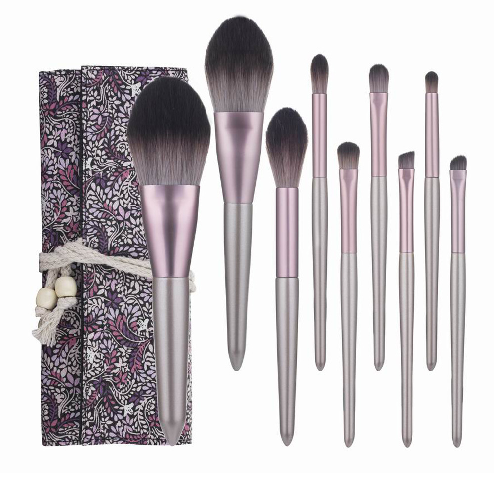 9 piezas de fibra sintética juego de pinceles de maquillaje pinceles de sombra de ojos en forma de lengua bolsa de almacenamiento de lino portátil