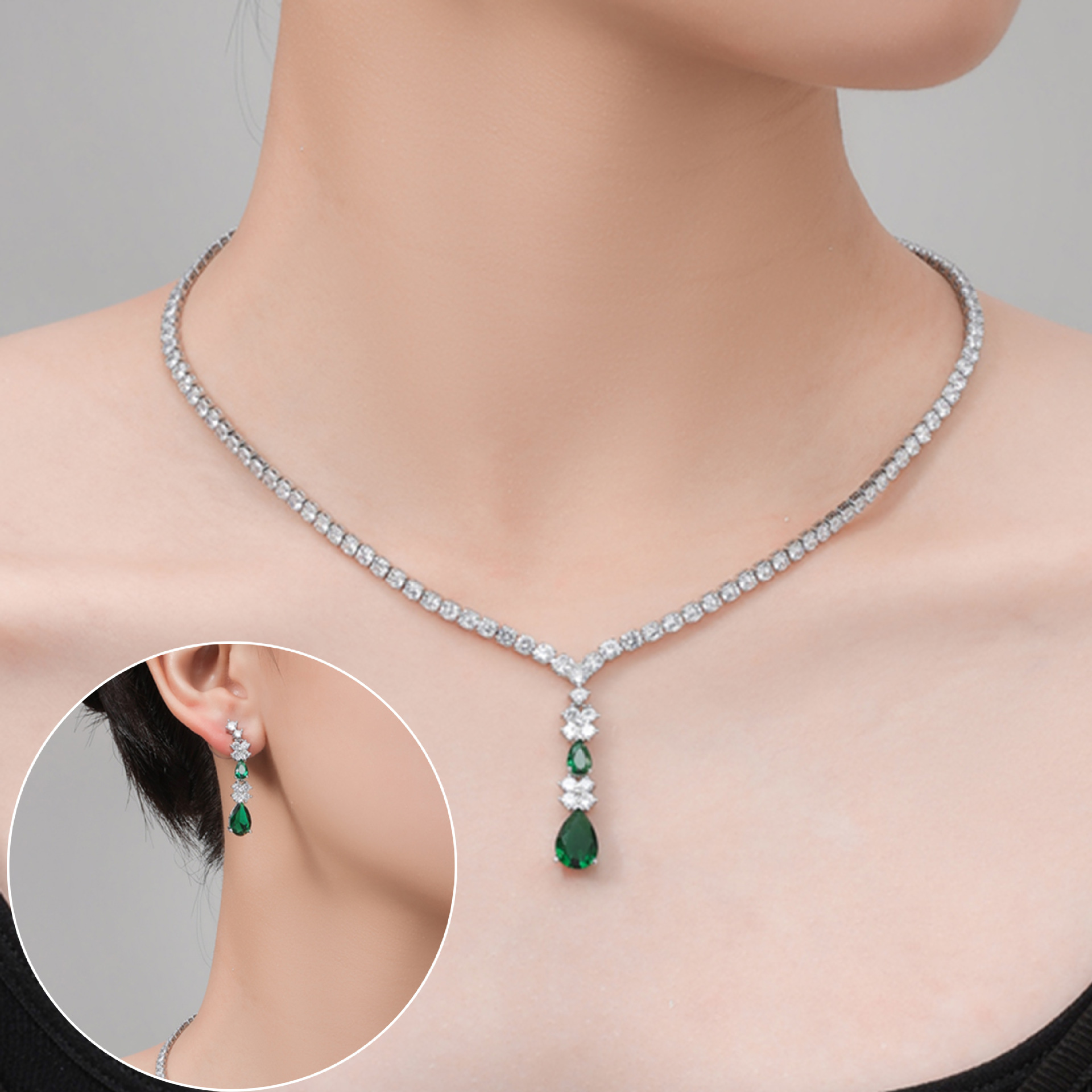 Collar de gota de agua de moda simple transfronterizo conjunto de pendientes cadena de garra geométrica de lujo ligero conjunto de collar de circonitas incrustado al por mayor LYTJ30431 gutisa banquet vestido accesorios joyería joyería al por mayor Specification image