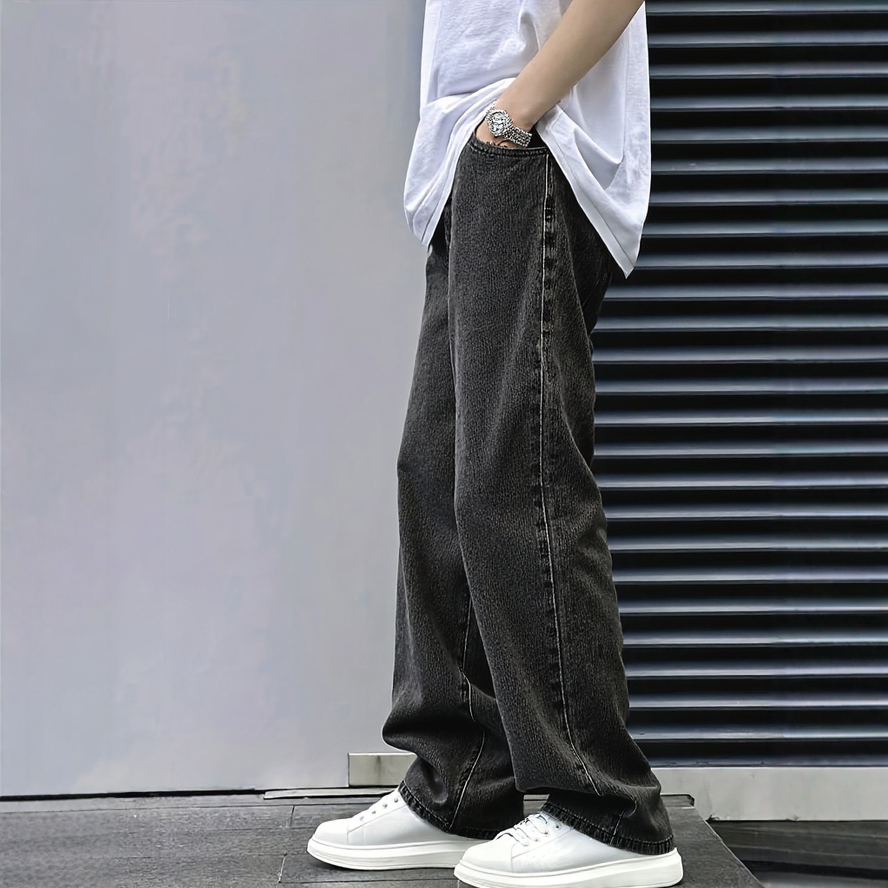 High-elastic loose jeans, men's casual trousers, washed and polished straight-leg pants