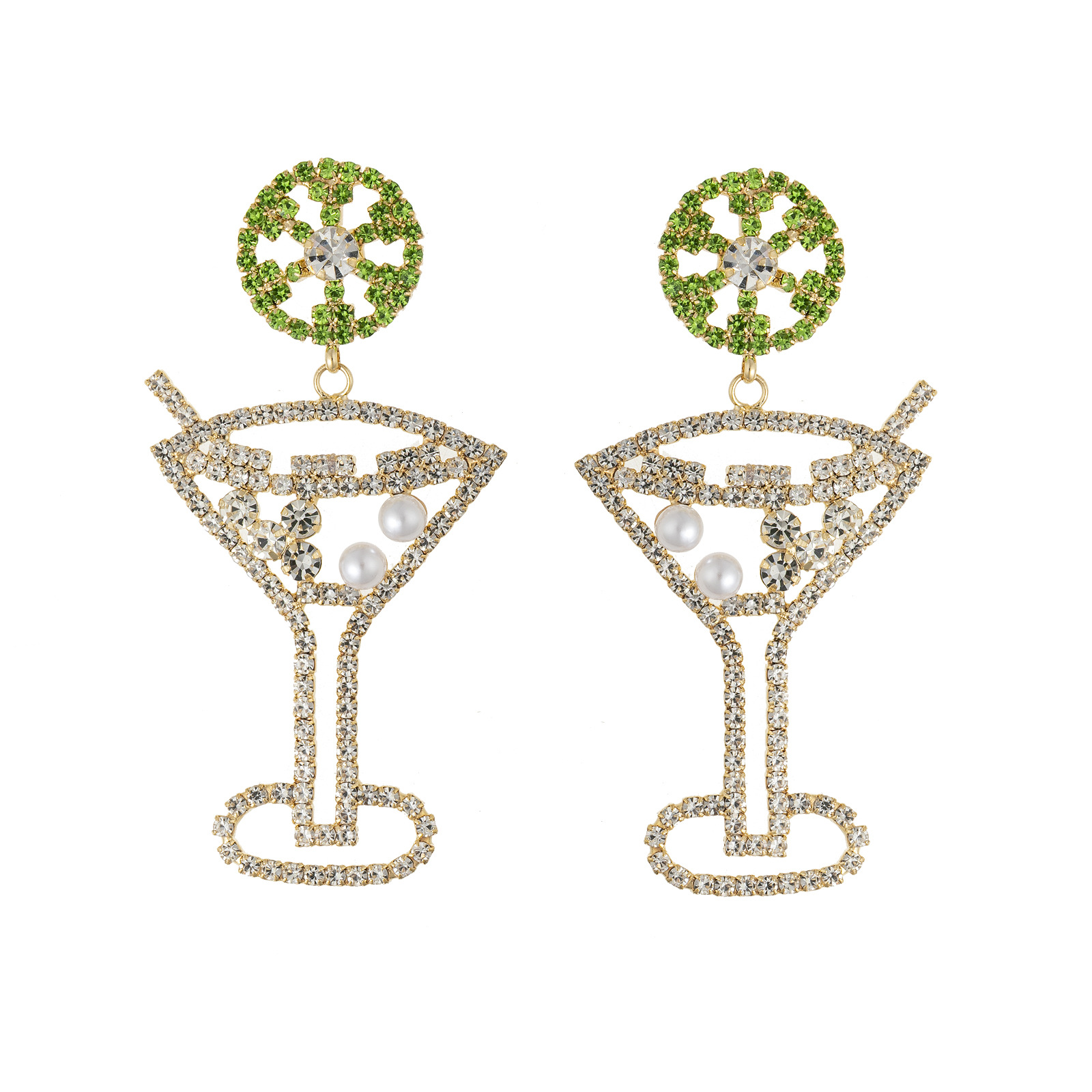 European and American cross-border carnival party earrings, diamond-encrusted pearl wine glass-shaped earrings, design sense, green rhinestone pendants, highball cup earrings, simple and elegant women's wholesale