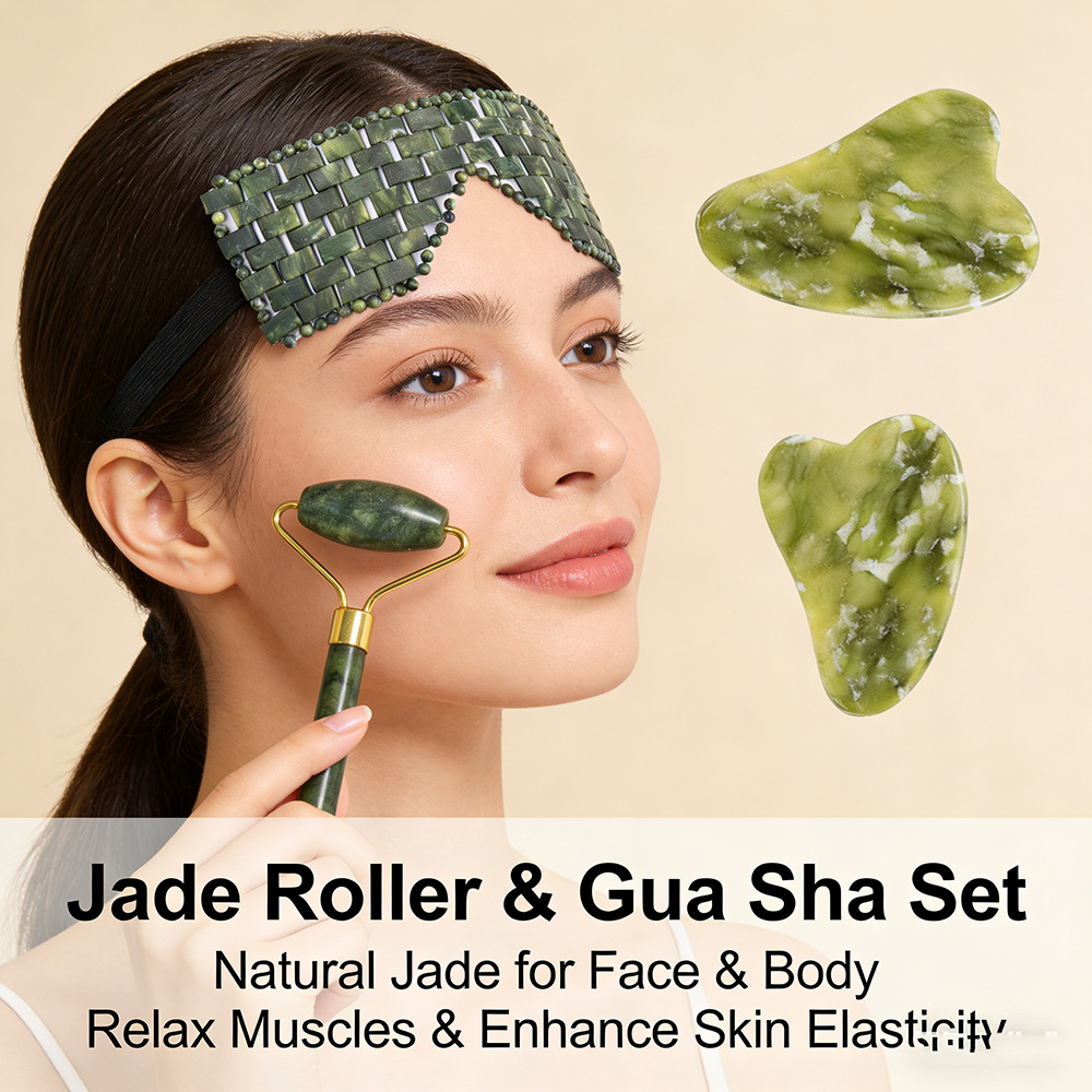 Three-piece jade eye mask, face mask, massage roller, gua sha board set, warm and cool facial beauty container Specification image