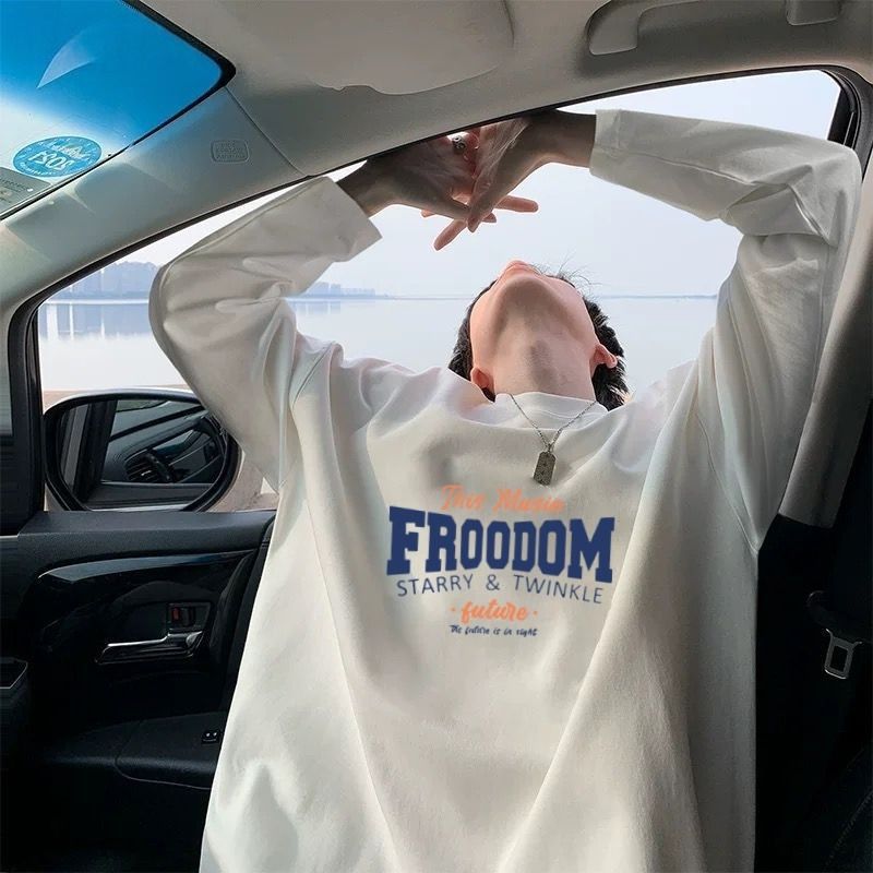 100%纯棉长袖男内穿ins原宿风简约宽松打底衫学生韩版上衣白色t恤