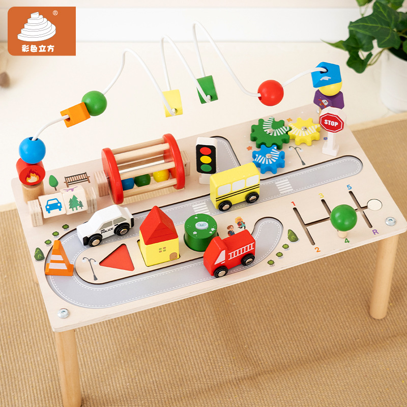 Cross-border wooden multi-functional busy table, children's educational train track beaded enlightenment toy desktop busy board