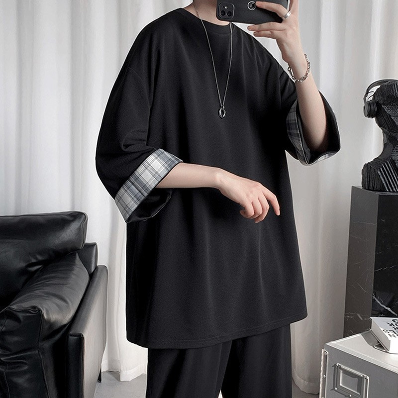 Ice Silk short-sleeved men's summer thin trendy brand cool and drape T-shirt, Hong Kong style loose, bf lazy style patchwork 7 3/4 sleeve details Picture