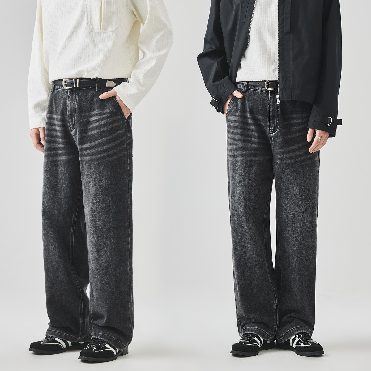 APO Men's Wear: Cross-border washed jeans for men, autumn American high street fashion brand, stylish and versatile loose straight-leg trousers details Picture