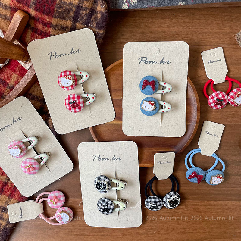 New Korean-style sweet and beautiful kt checkered hair clip for children, side fringe fringe clip, handcrafted elastic hair band and hair accessory, Pom.kr checkered hair accessory: polka dot bow cute children's hair accessory, versatile and fashionable style Specification image