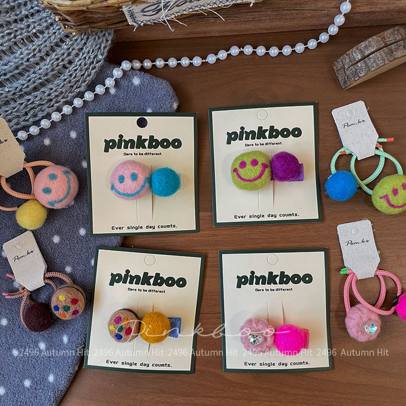 New Korean-style autumn wool felt handcrafted hair clips, children's sweet smiling faces, side bangs clips, elastic hair bands, pinkboo smiling face pom-ball hair accessory set, colorful hair clips, hair bands, cute and energetic daily life Specification image