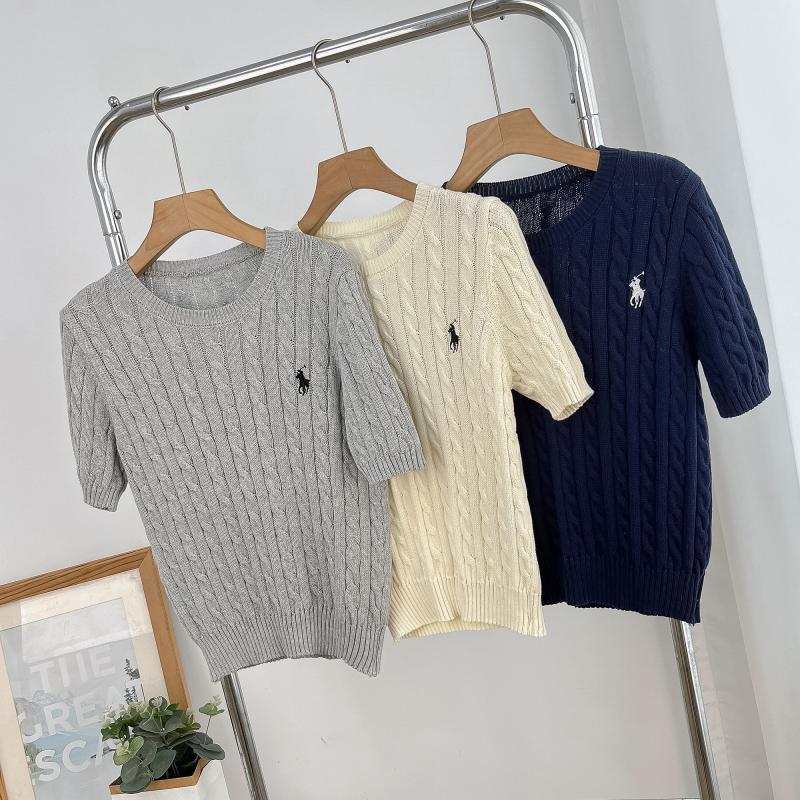 British-style ponytail embroidery braided short-sleeved knitted sweater for women, spring and summer retro style, thyme and base layer sweater