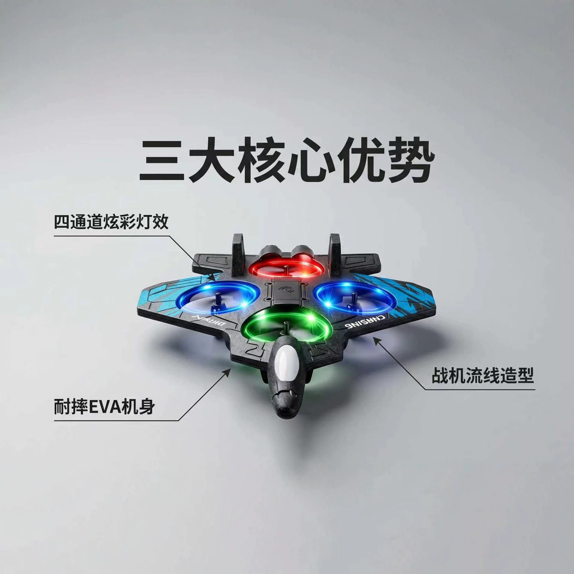 A black sci-fi fighter jet-shaped quadcopter drone with colorful LED lights and the CNASING lettering details Picture