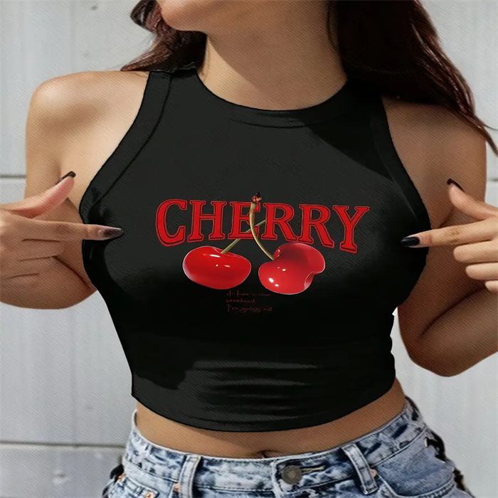 Cross-border new style European and American hot girl crop top, American sexy round neck halter sleeveless letter print top full figure