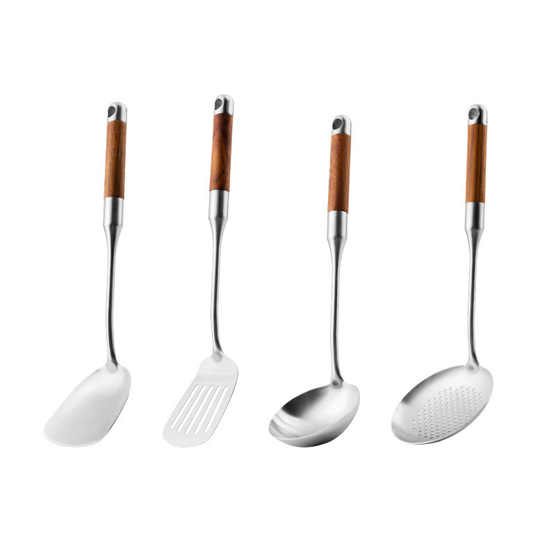 Wholesale of 316 stainless steel spatulas, household kitchenware sets, rosewood-handled soup spoons, strainers and cooking spatulas Item Picture