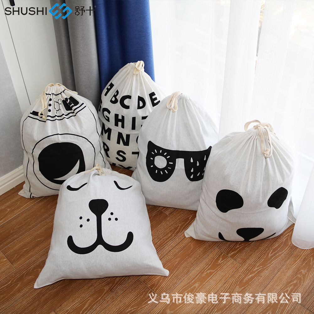厂家动物条纹图案棉布洗衣袋47×60简约大号抽绳束口脏衣袋可水洗