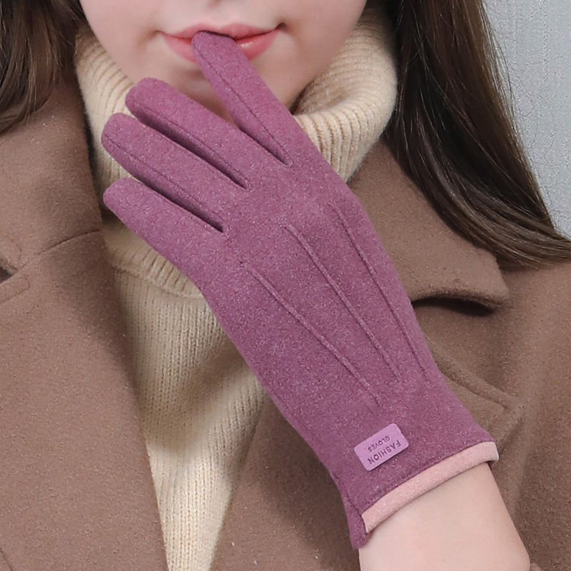 De Rong gloves for women, three-rib warm gloves, winter fleece, outdoor touch screen, driving, cycling, three-rib details Picture