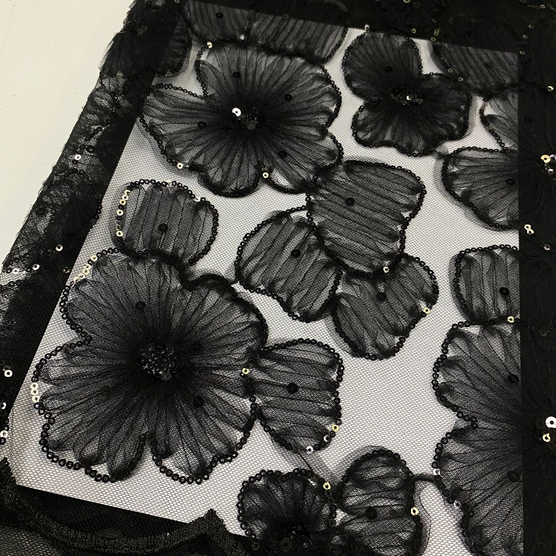 Hot-selling three-dimensional sequined embroidered fabric, black lace mesh fabric for women's wedding dresses and evening gowns Specification image
