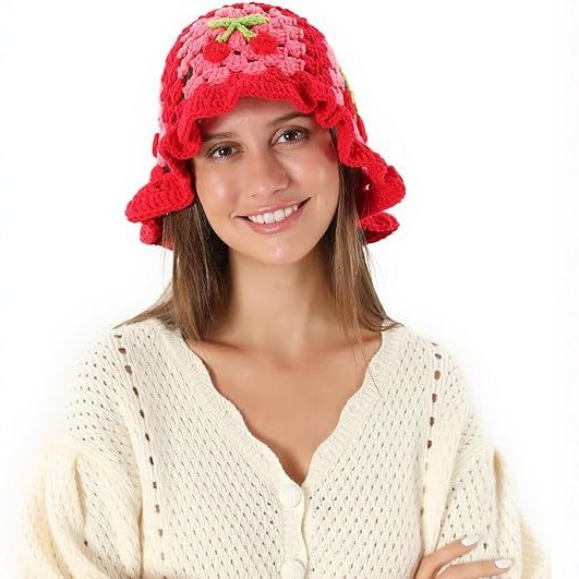 Crossover venta caliente puro hecho a mano tejido cereza hecho a mano sombrero de borde de onda sombrero lindo para las mujeres otoño invierno día