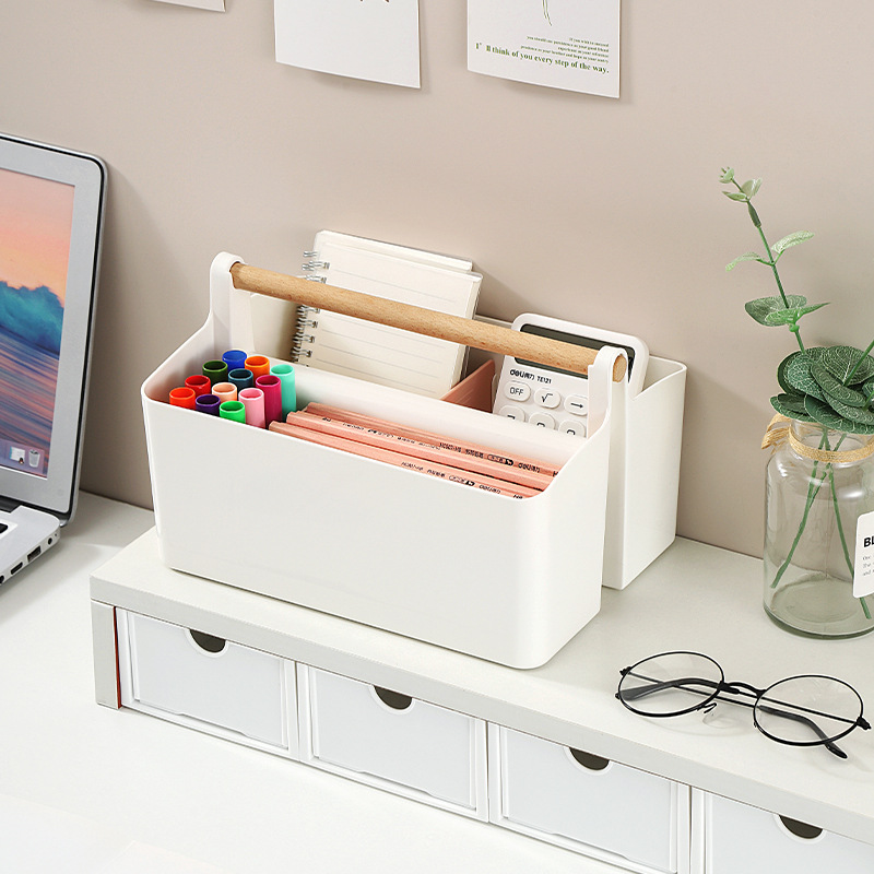 Desktop compartment-divided wooden hand-held storage box, stationery pen organization, stackable remote control, watercolor marker pen storage box details Picture