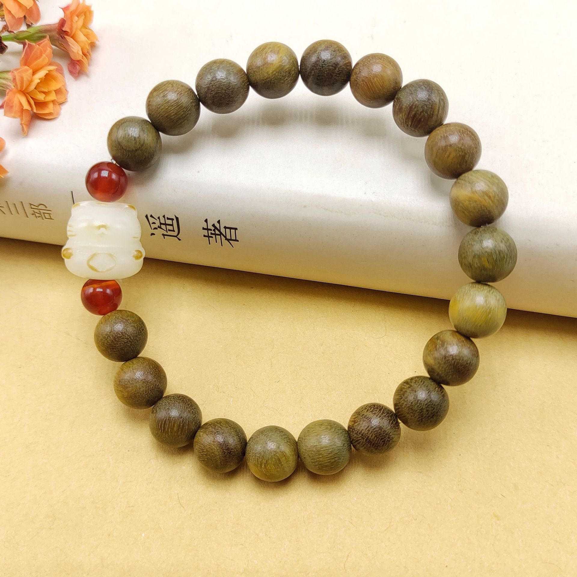 古风绿檀木手串单圈风化绿猫爪女式木质檀香文玩佛珠多宝手链