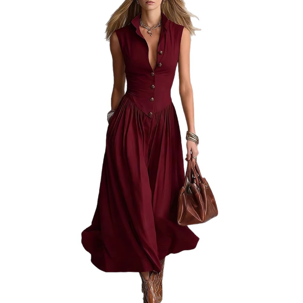 Spring 2026 new French style elegant and goddess-like, slimming and slim, long sleeveless dress with lapel for women Item Picture