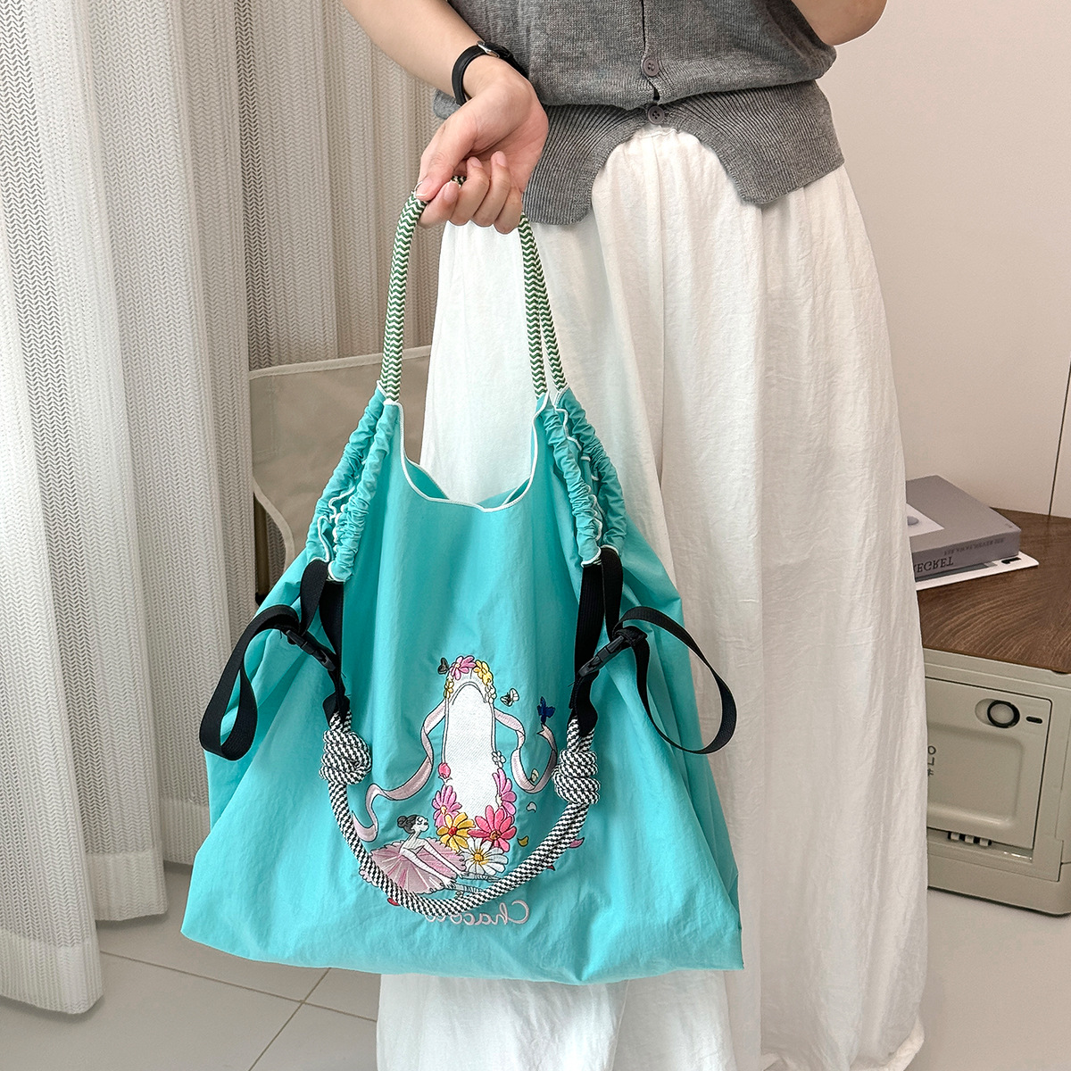 2025新款BallChain同款环保刺绣购物袋尼龙布花手提小众购物单肩