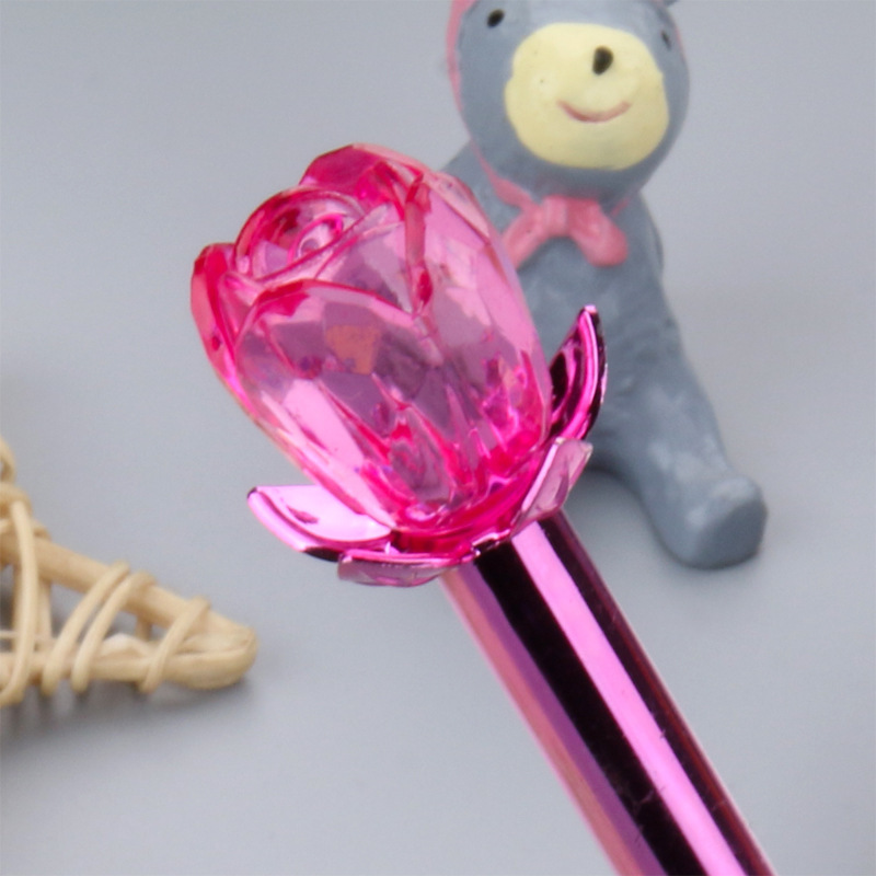 P-1717 Metal Crystal Rose Gel Pen, metallic pen barrel, small flower pen cap, black water-based pen Specification image