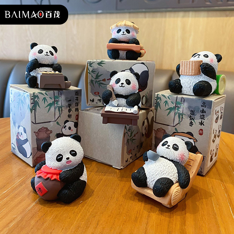 百茂原创国风八雅毛流感熊猫车载摆件可爱树脂公仔桌面装饰品批发