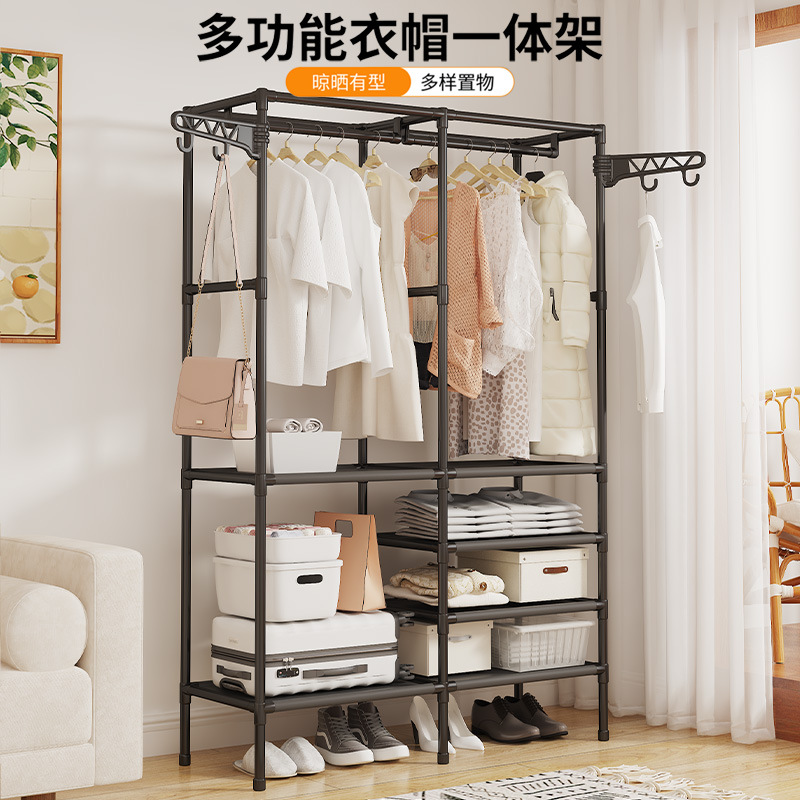 新款跨境热销简易双排多功能收纳衣帽架家用卧室落地置物架挂衣架