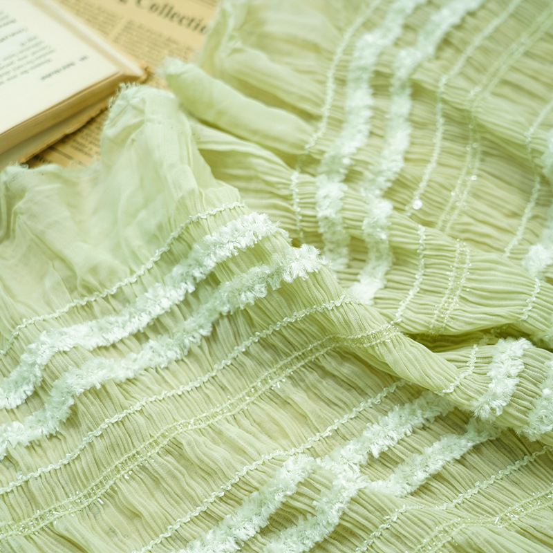 Summer new style chiffon striped crocheted black ear-trimmed pleated fabric multi-color fairy dress, wedding dress and evening gown fashion fabric Application Scenario