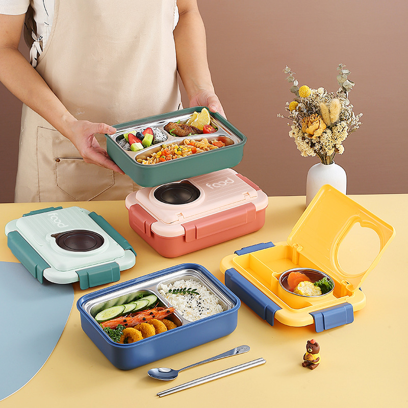 A popular stainless steel three-compartment lunch box with spoons, chopsticks and a small bowl, sealed and compartments, for office workers in the cafeteria Specification image