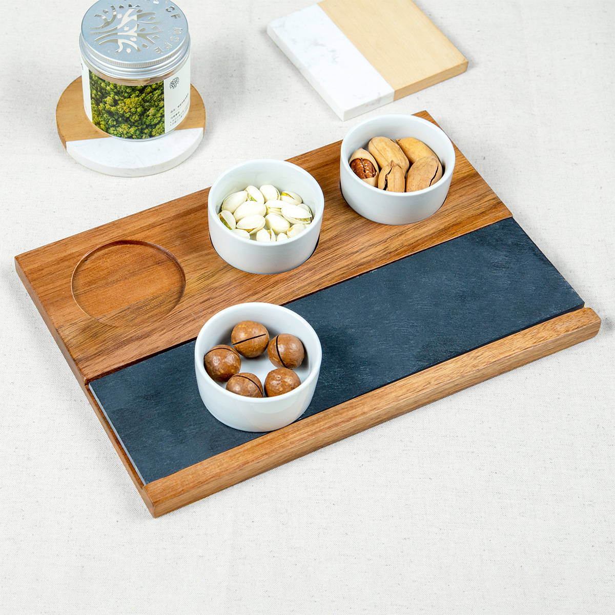 芝士板定制零食点心托盘相思木带陶瓷碗大理石菜板摆盘用板岩砧板