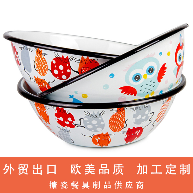 OEM定制彩色卷边多色贴花宿舍泡面神器搪瓷碗金属搅拌碗珐琅饭碗
