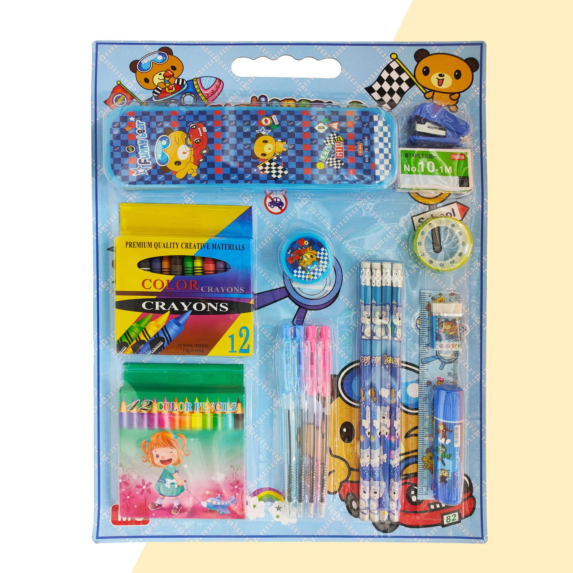 New cartoon card-sucking stationery set of 18 pieces, children's gift, hand-held, combinable pencils, crayons, rulers, wholesale available and customizable Application Scenario