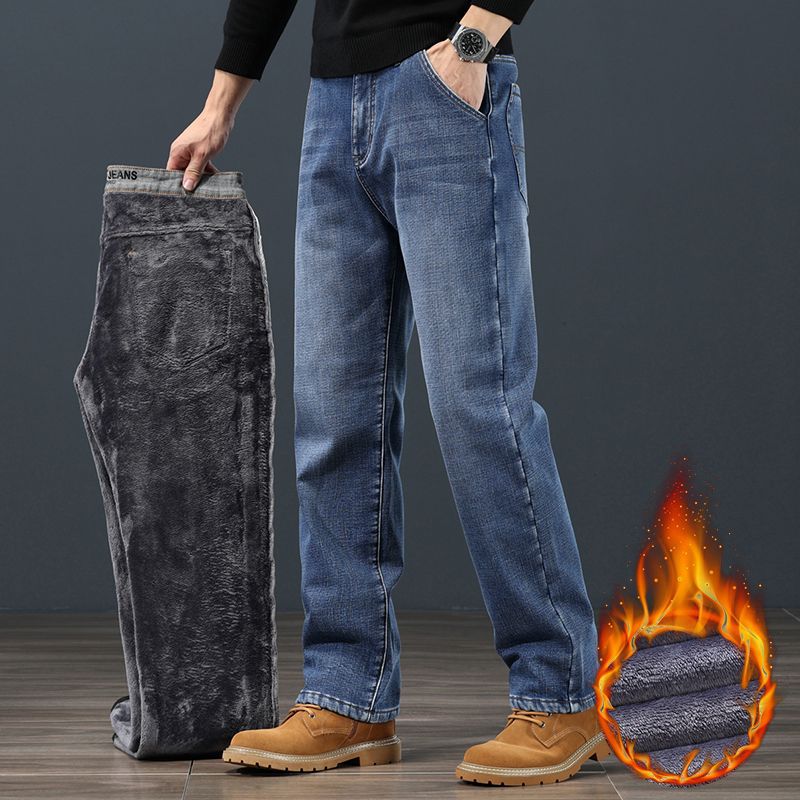 Autumn and winter thickened fleece jeans for men 2025 New style Loose straight-leg large size stretch denim trousers for men autumn and winter details Picture