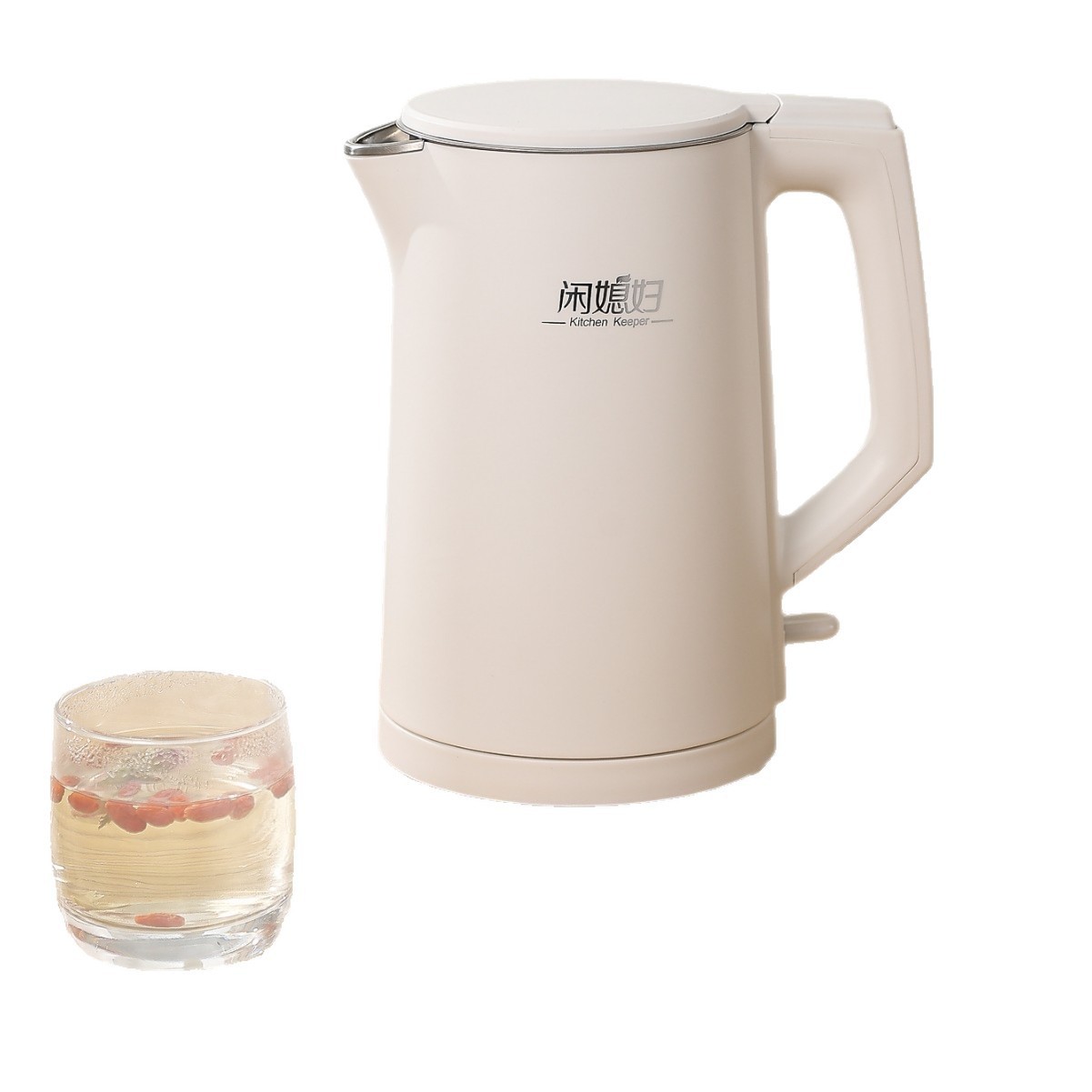 闲媳妇 1.8L烧水壶304不锈钢无缝内胆电热水壶自动断电煮水开水壶白底实物图