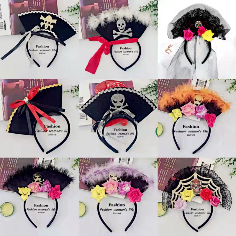 欧美万圣节派对发箍海盗帽鬼节发饰黑网纱狂欢节头扣厂家直销