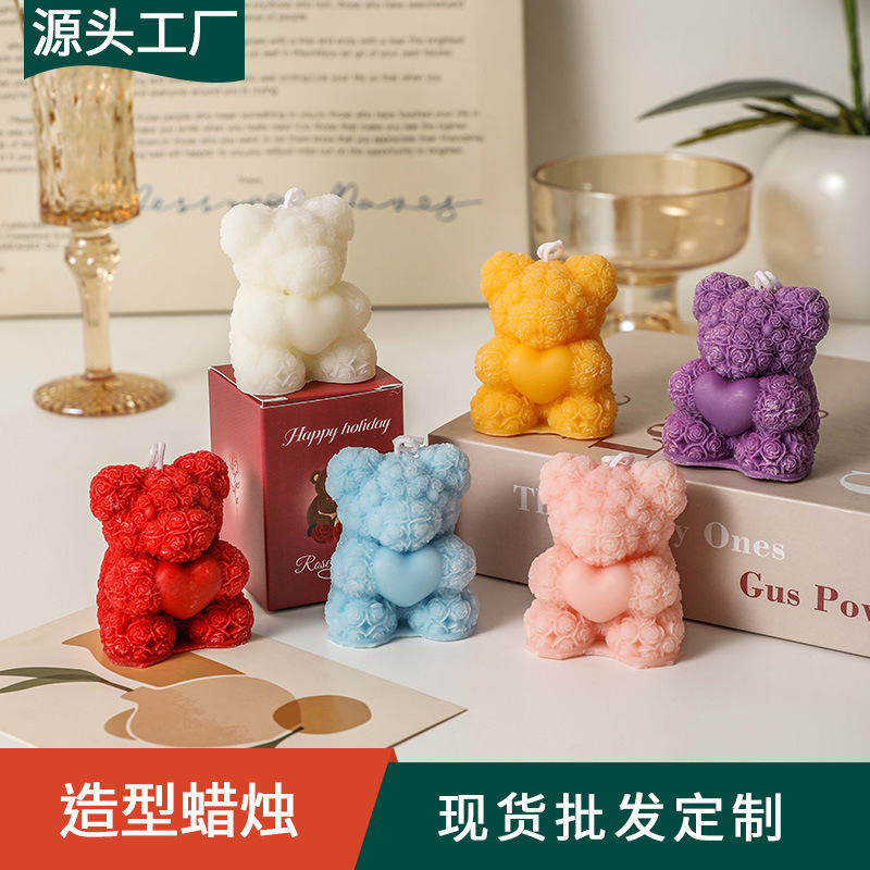 小熊造型香薰蜡玫瑰花熊香薰蜡烛情人节闺蜜生日伴手礼批发