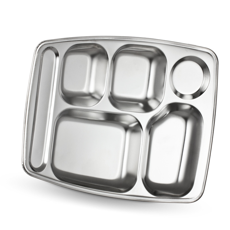 06 thick stainless steel thickened large six-compartment fast food plate, Chinese buffet plate, square dinner plate, hotel tableware supplies details Picture