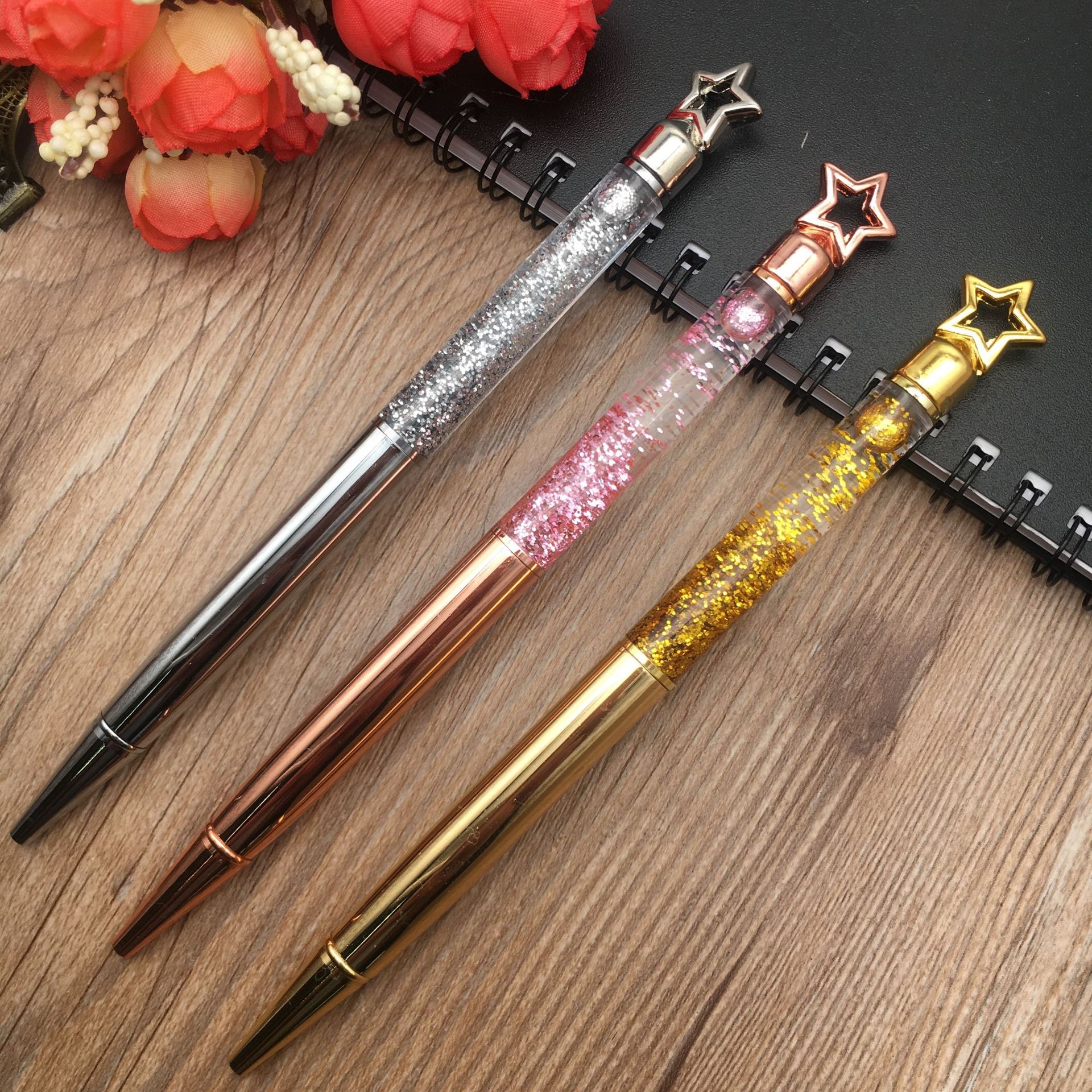 New five-pointed star ink pen, metal ballpoint pen, student pen, diy gold powder ballpoint pen
